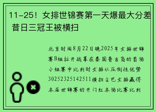 11-25！女排世锦赛第一天爆最大分差 昔日三冠王被横扫