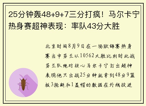 25分钟轰48+9+7三分打疯！马尔卡宁热身赛超神表现：率队43分大胜
